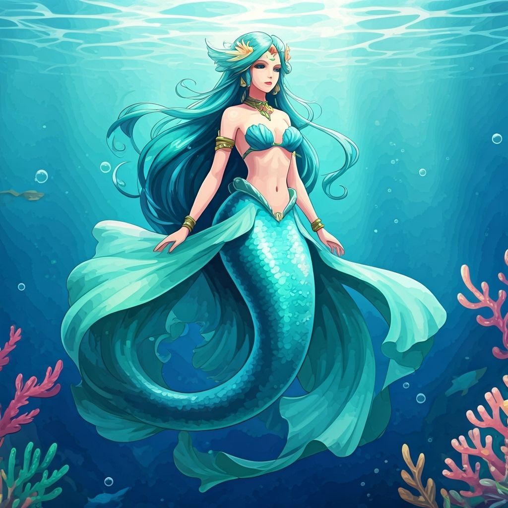 Aqua Mermaid Djinn in Anime-Cartoon Style