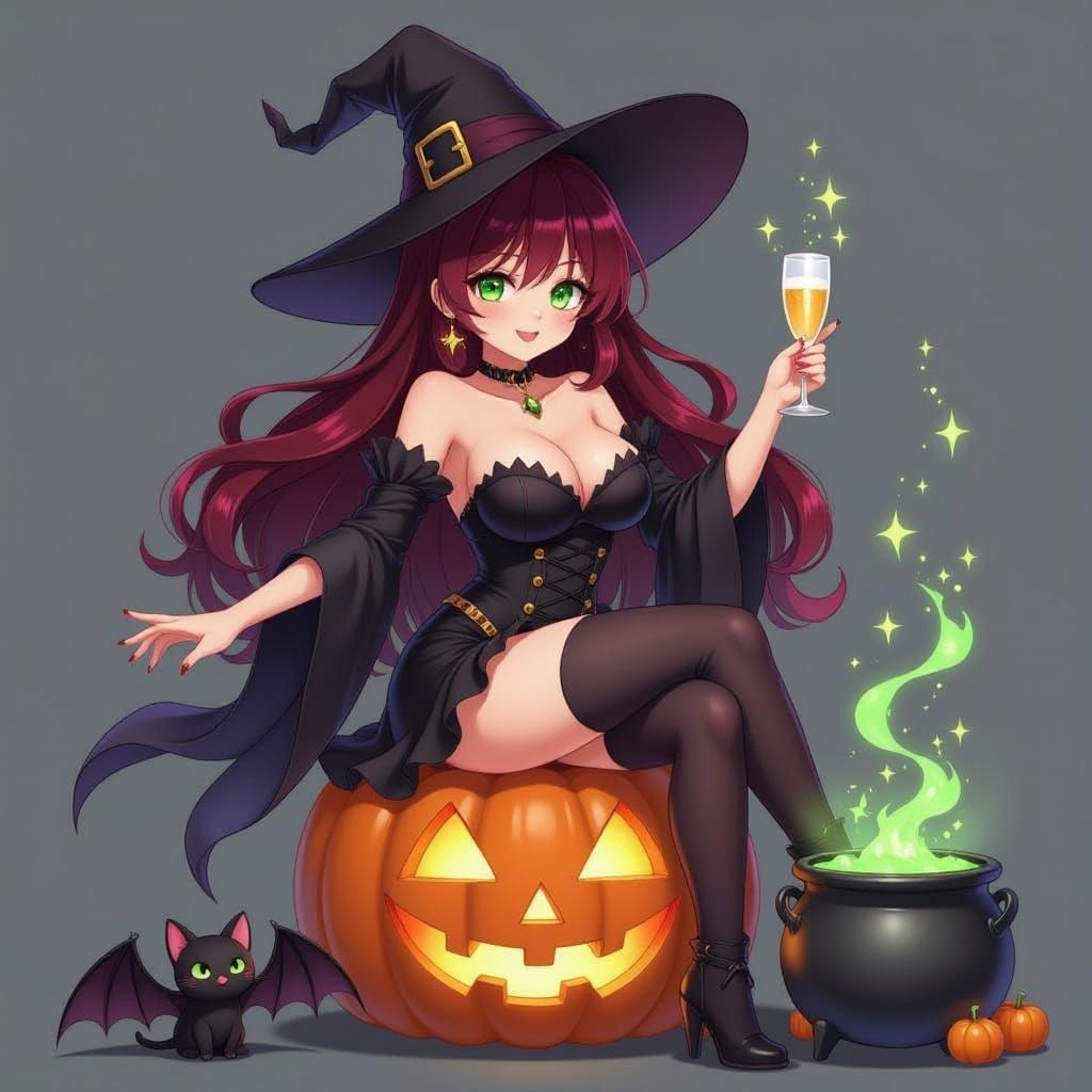 Anime Witch with Crimson Hair and Champagne