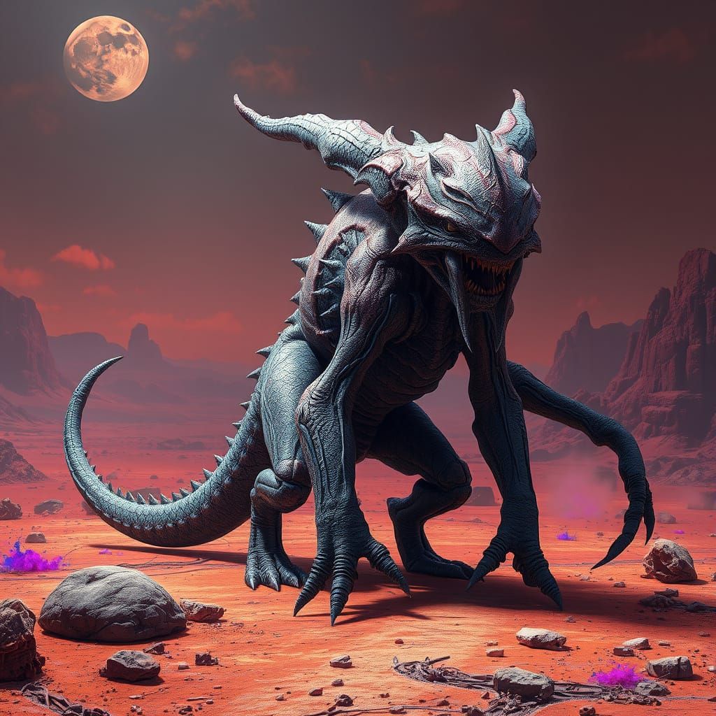 Mars Creature in Iridescent Hues, Hyper-Realistic Landscape