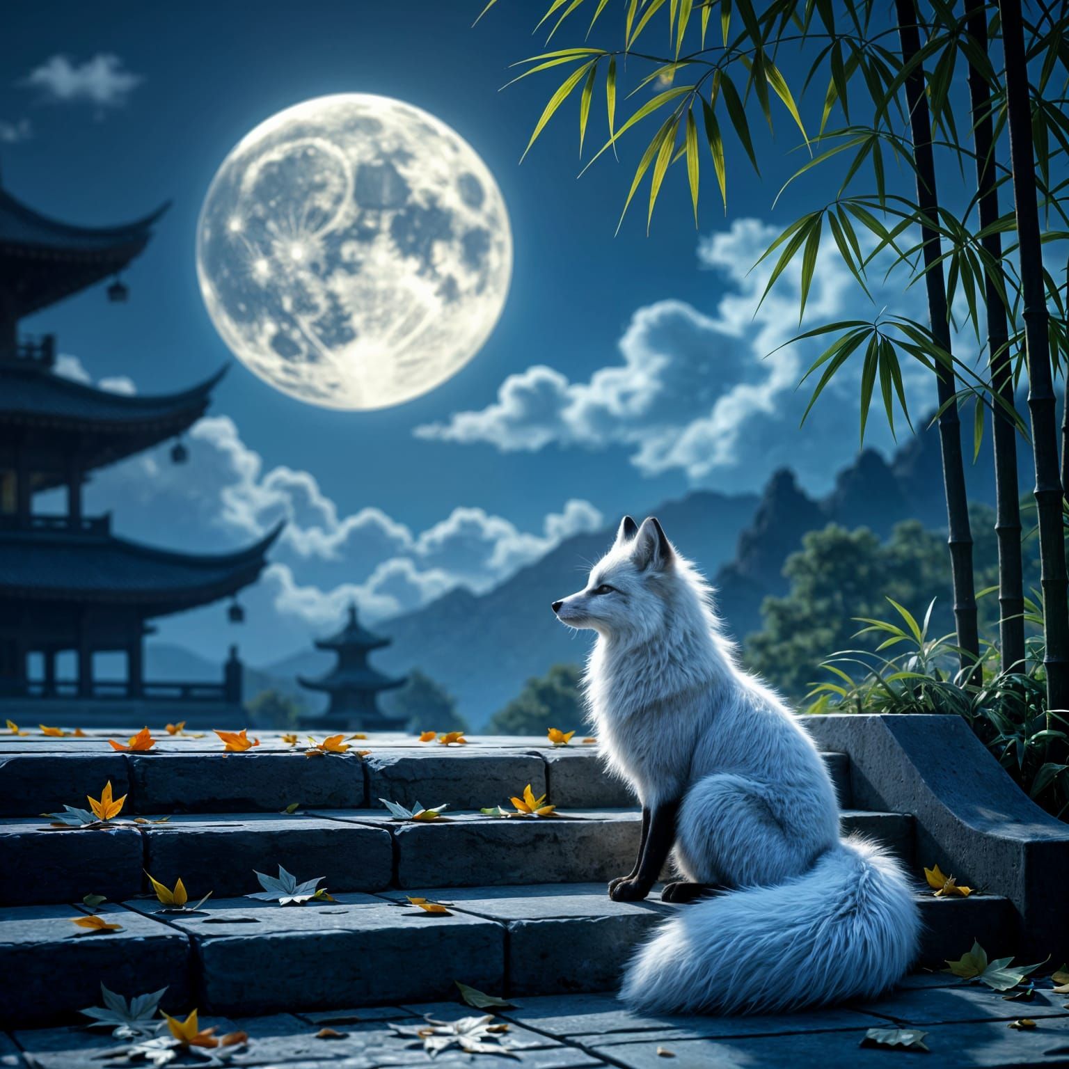 White Ink Fox Meditates at Temple Under Moon