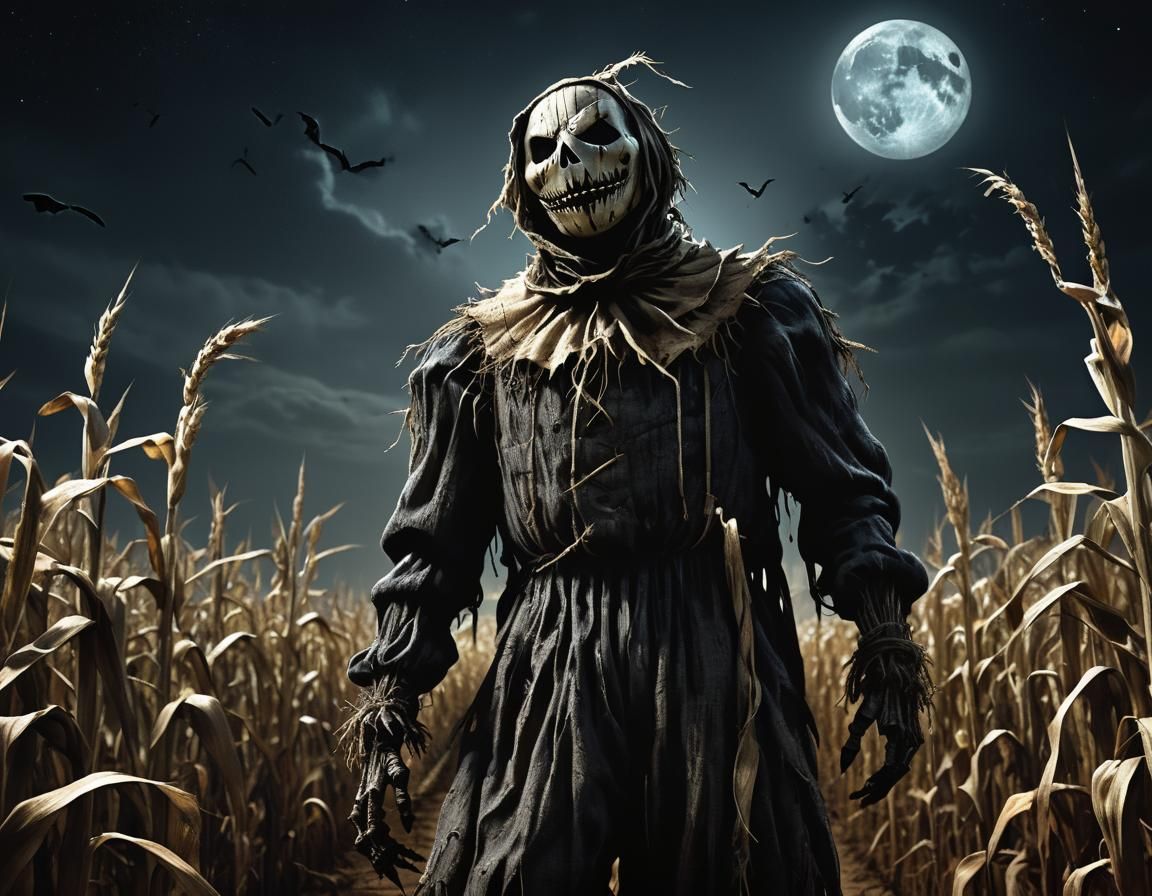 Nightmarish Scarecrow in Moonlit Cornfield, Dark Fantasy Art