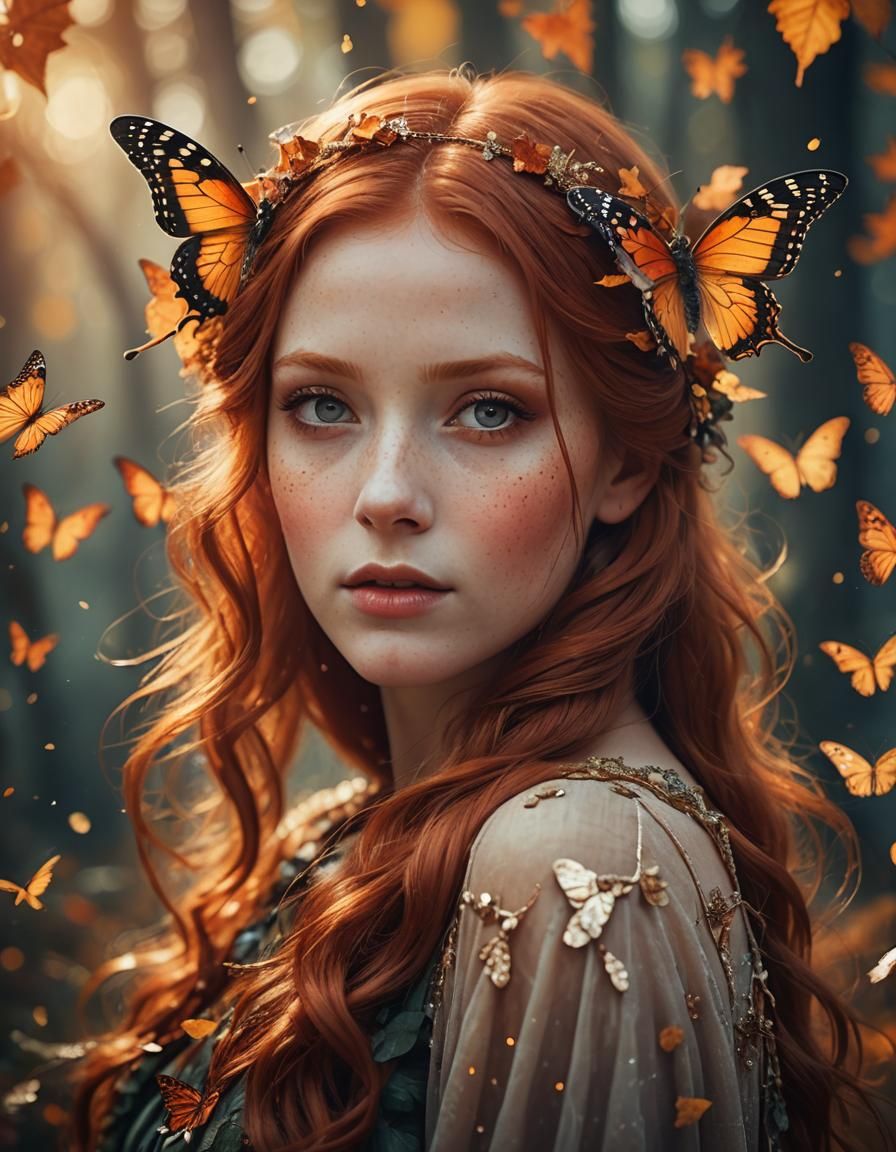Redhead Fairy with Butterfly Wings in Autumn