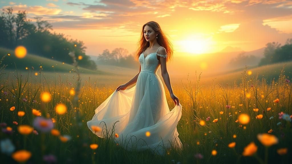 Ethereal Woman in Meadow at Dawn: Fantasy Art