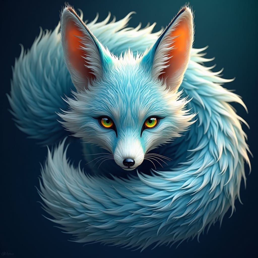 Mystical Blue and White Fox in Art Nouveau Style