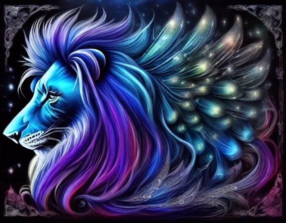 Iridescent Peacock Feather Lion in Moonlit Forest