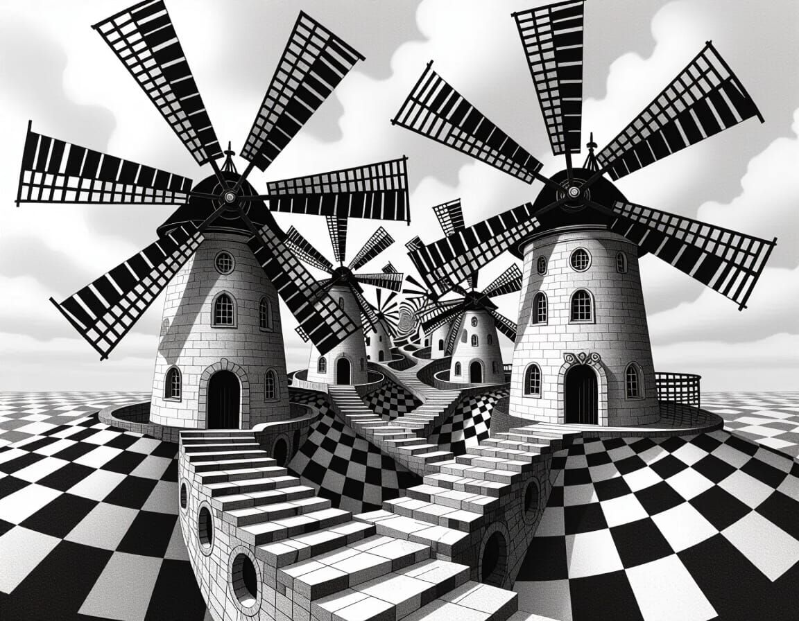 Surreal Windmills in Escher and Klimt Style