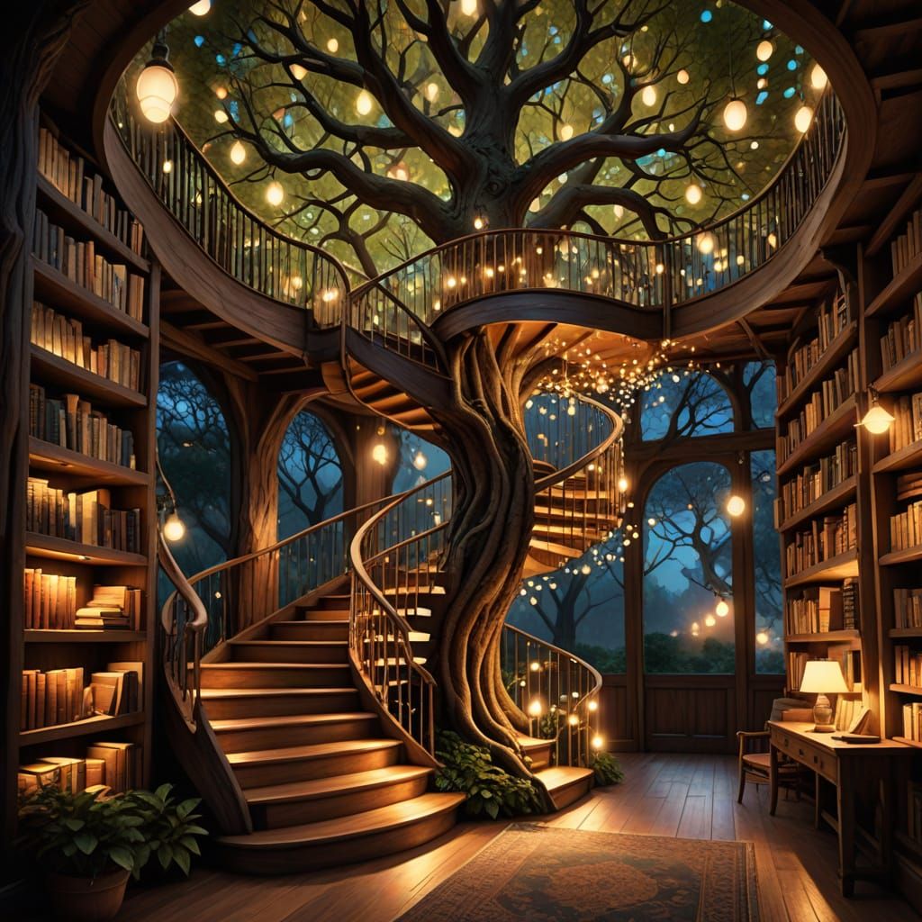 Whimsical Spiral Library Inside a Giant Tree