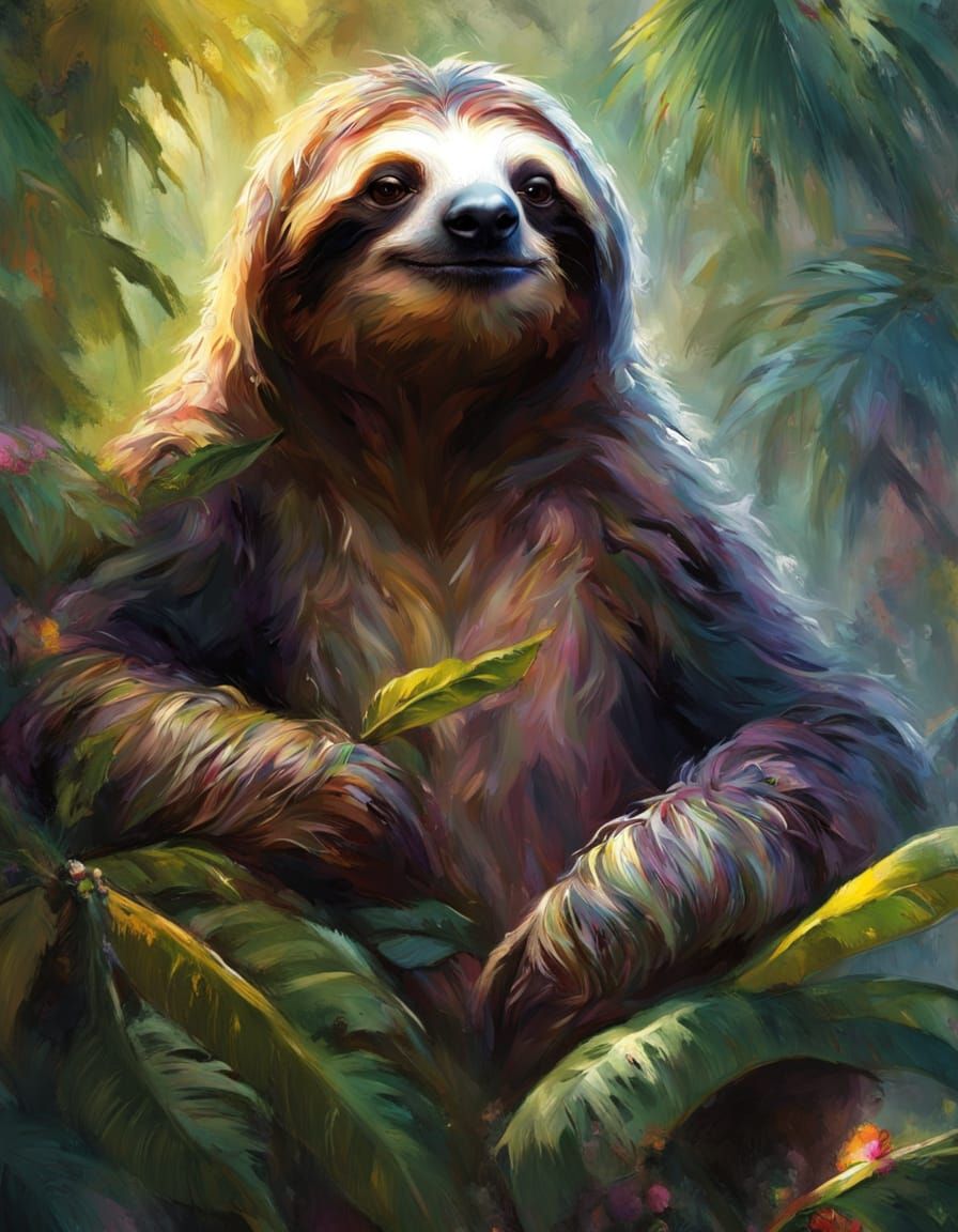 Majestic Sloth in Magical Jungle by Pino Daeni Style