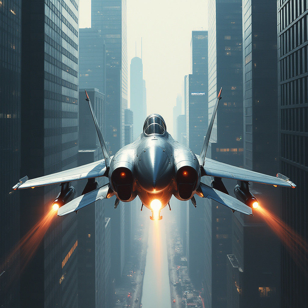 Futuristic Combat Aircraft Flying Through Skyscrapers