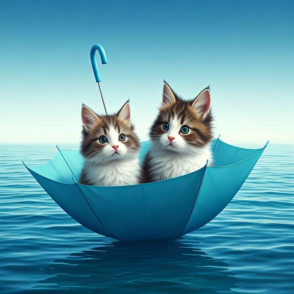 Whimsical CGI Kitten Umbrella Scene in a Calm Azure Sea