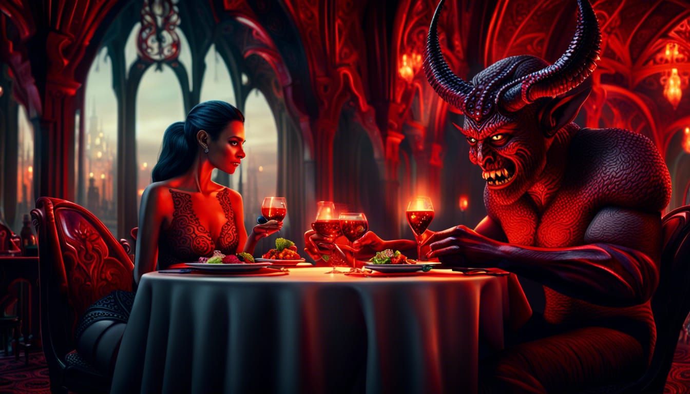Devil and Woman on Date: Fantasy Digital Painting