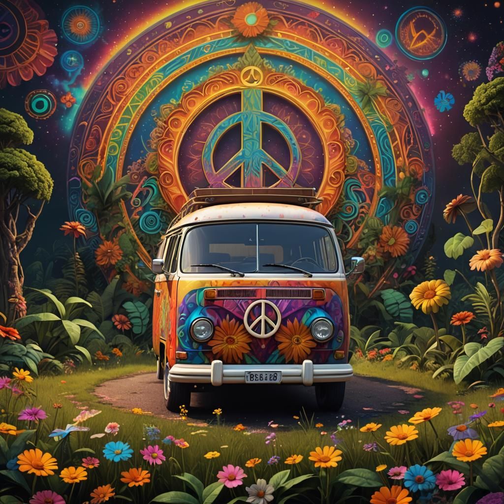 Psychedelic 70s Van with Peace Sign