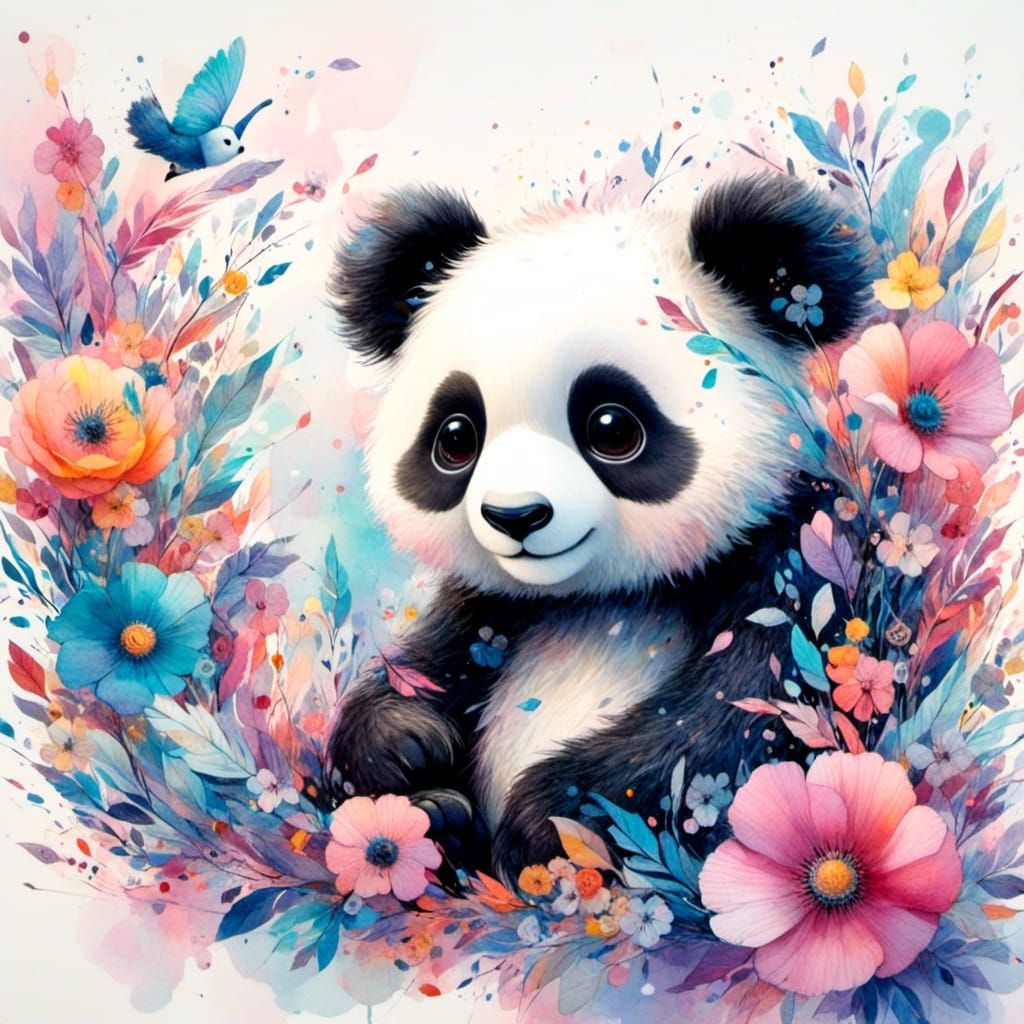 Whimsical 3D Watercolor of a Small Panda