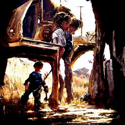 Nostalgic Oil Painting: Children in Field
