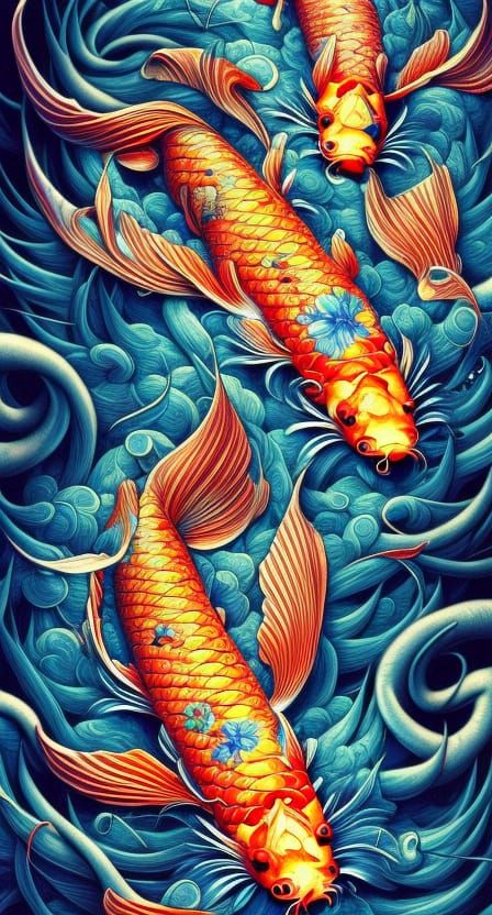 Detailed Koi Fish with Floral Elements