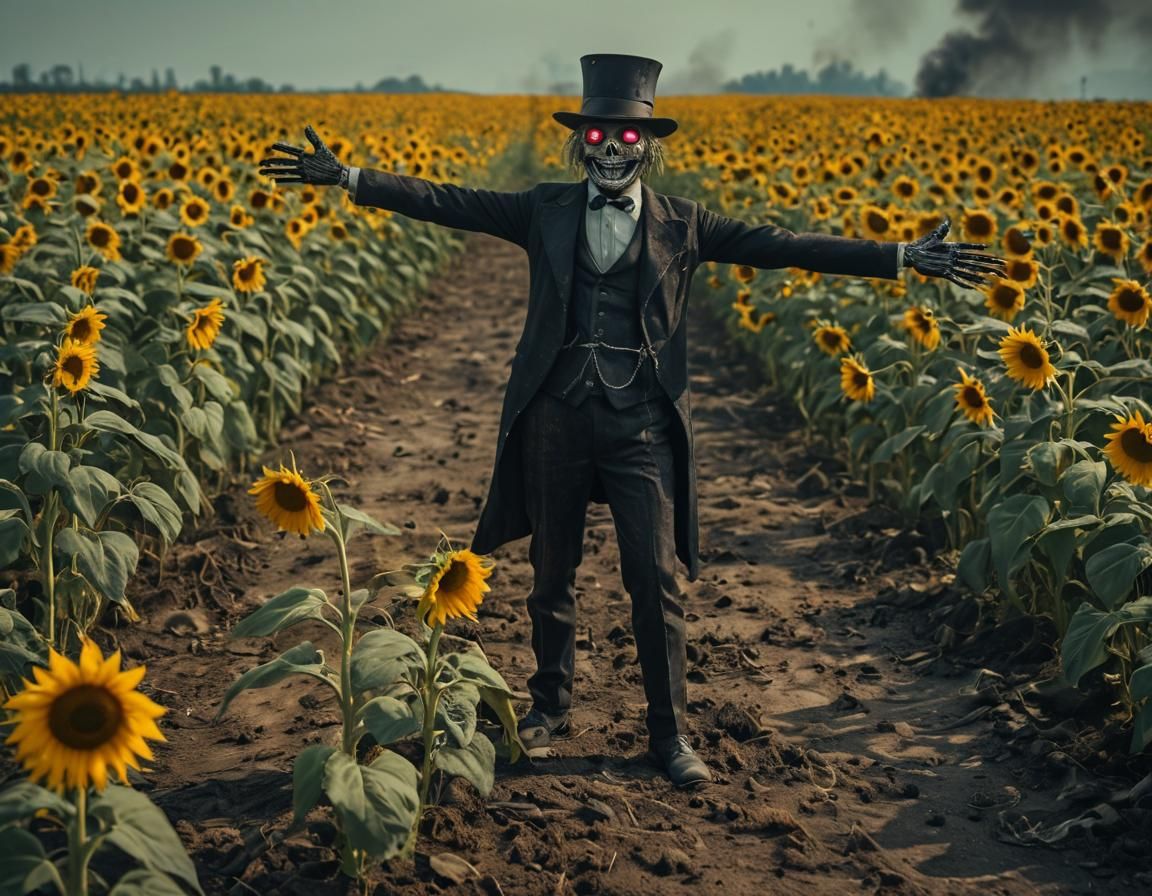 Mechanical Scarecrow in Burning Sunflower Field