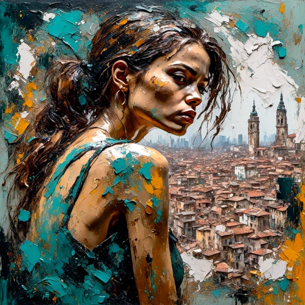 Girl with Tattoo Stares Over Cyberpunk City: Impasto Style