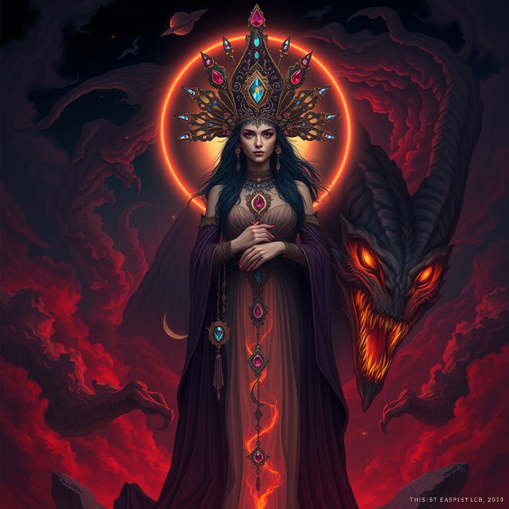 Sorceress Confronts a Crimson Demon in a Dark, Ethereal Nigh...