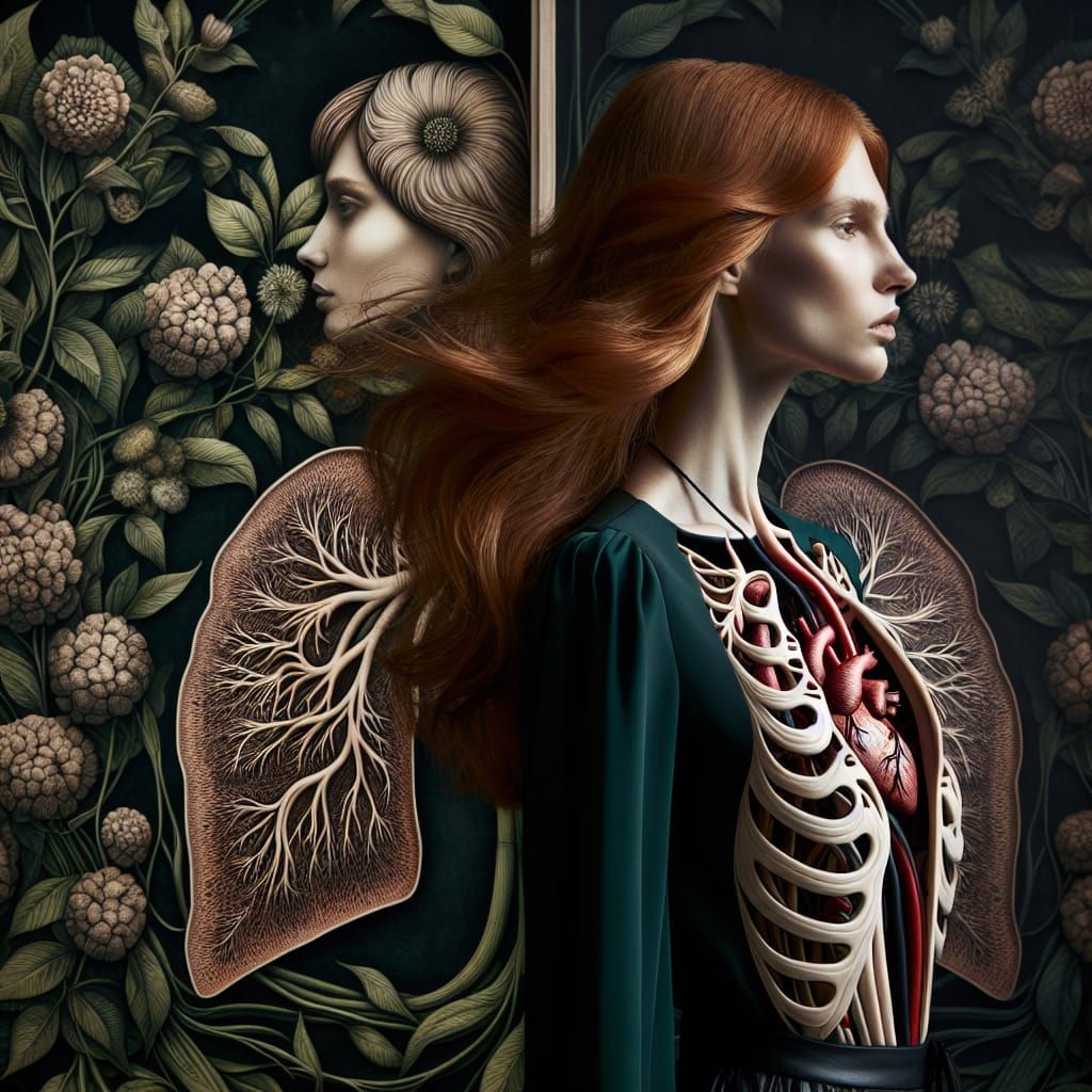 Woman with Lung Sleeves in Lush Floral Scene