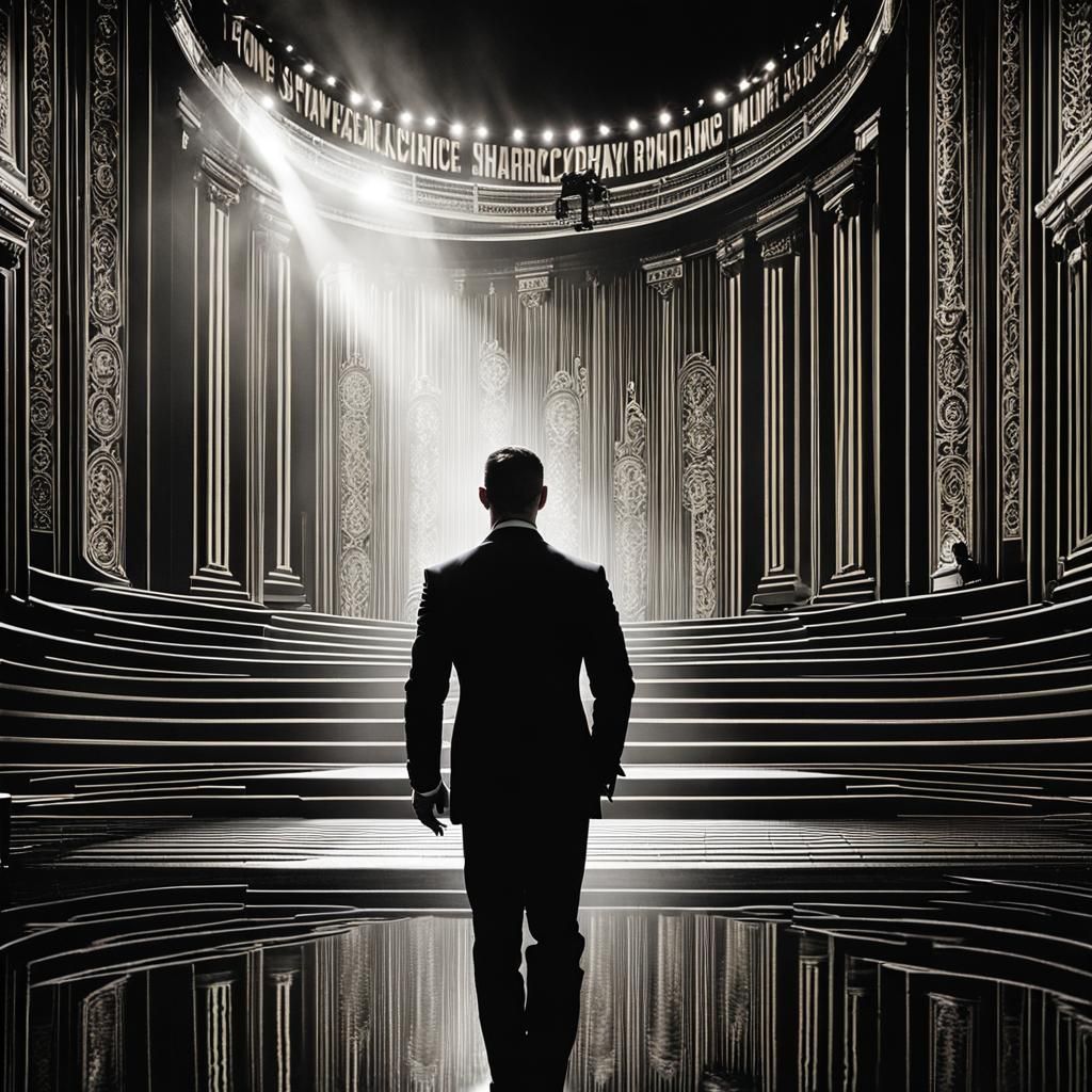 A spotlight hits the stage a actor makes his entrance