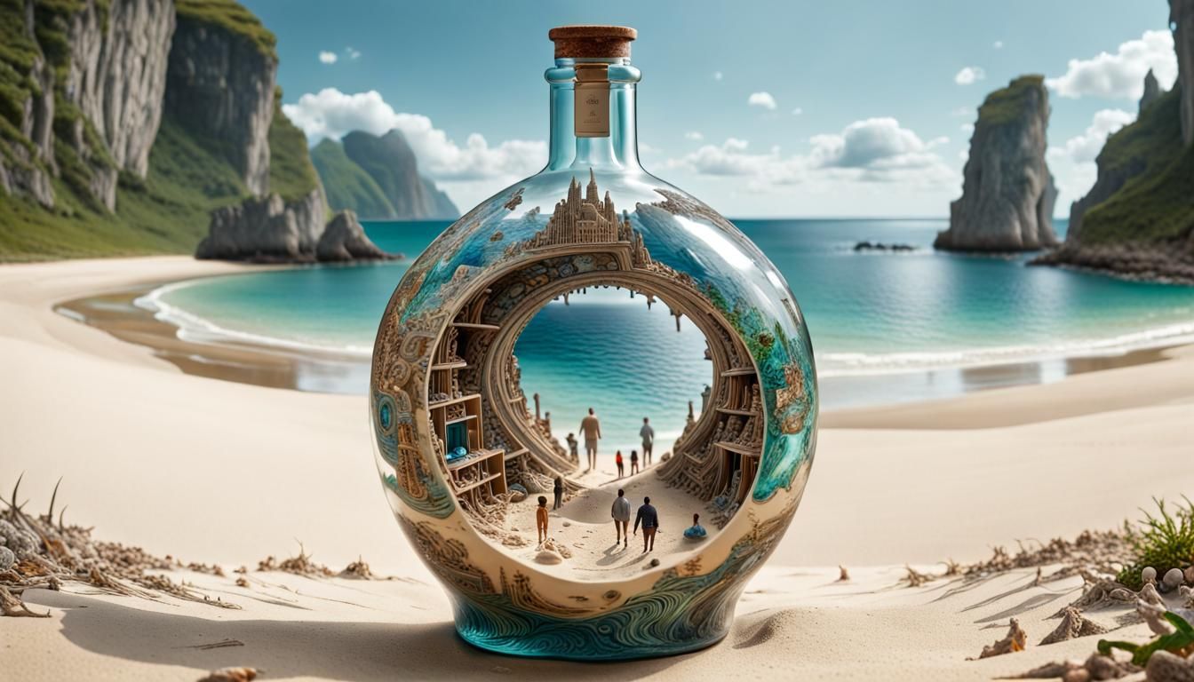 a bottle with a whole intricate, hyperdetailed world with people on it inside on an intricate, hyper detailed beach