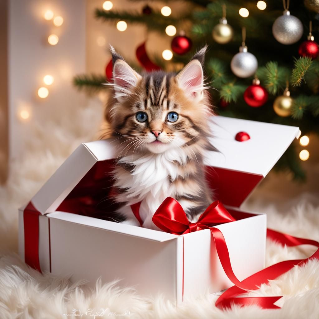 Mainecoon Kitten Plays with Christmas Ribbon in a Box