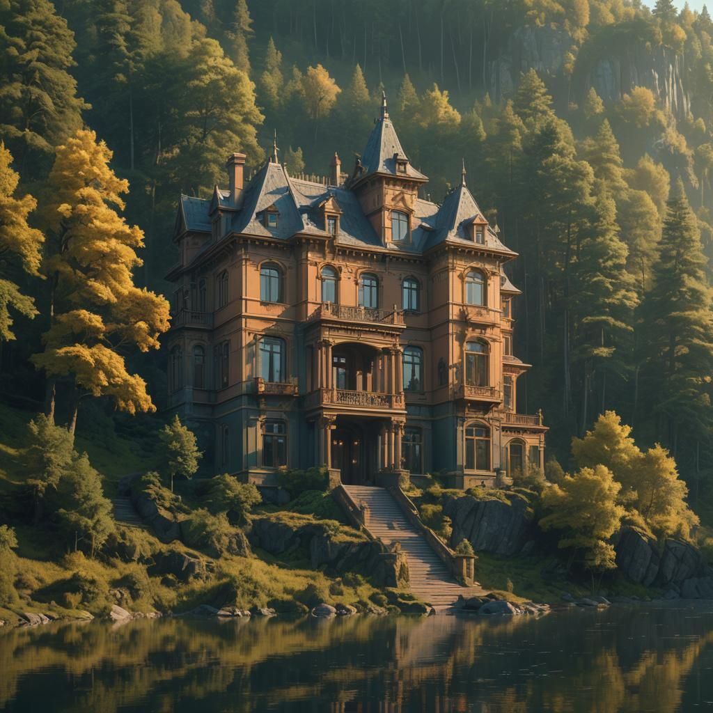 Luxury Mansion Overlooking Lake in Forest, Digital Painting
