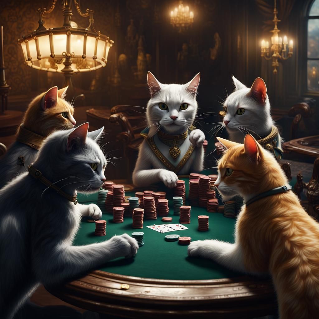 Cats Playing Poker in Detailed Matte Painting