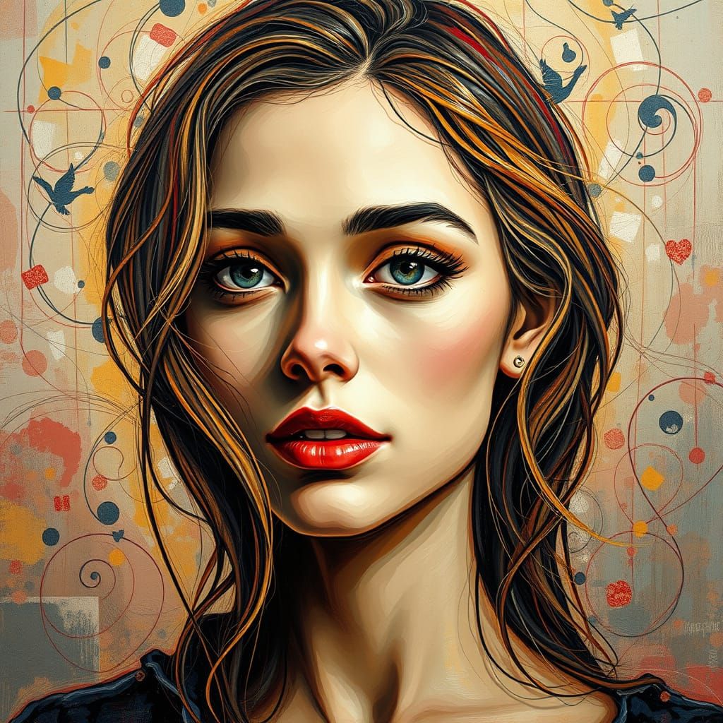 Dreamy Decoupage Woman Portrait in Expressionist Style