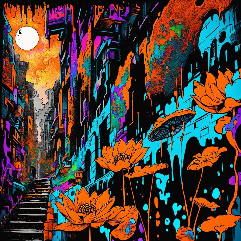 Anime Landscape with Orange Moon in Street Art Style