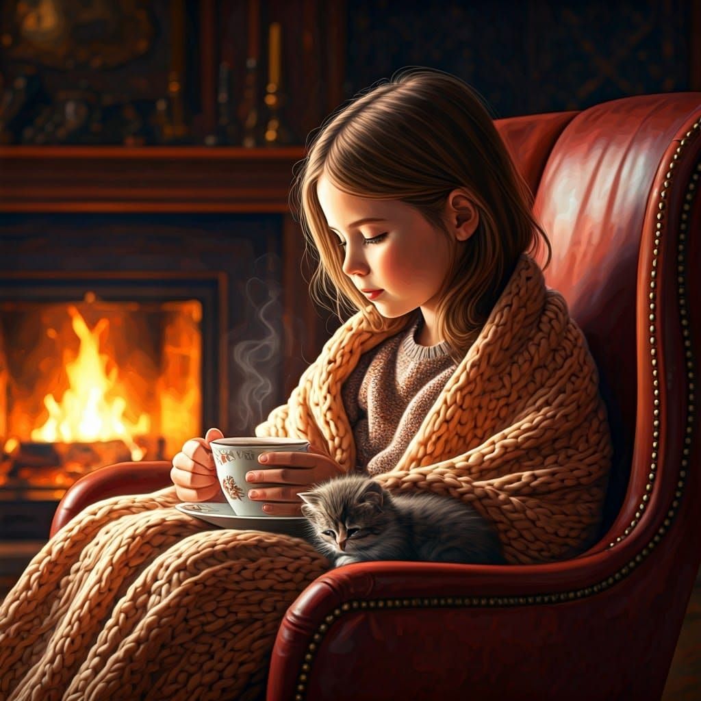 Girl with Kitten by Fireplace: Hyperrealistic Splash Art