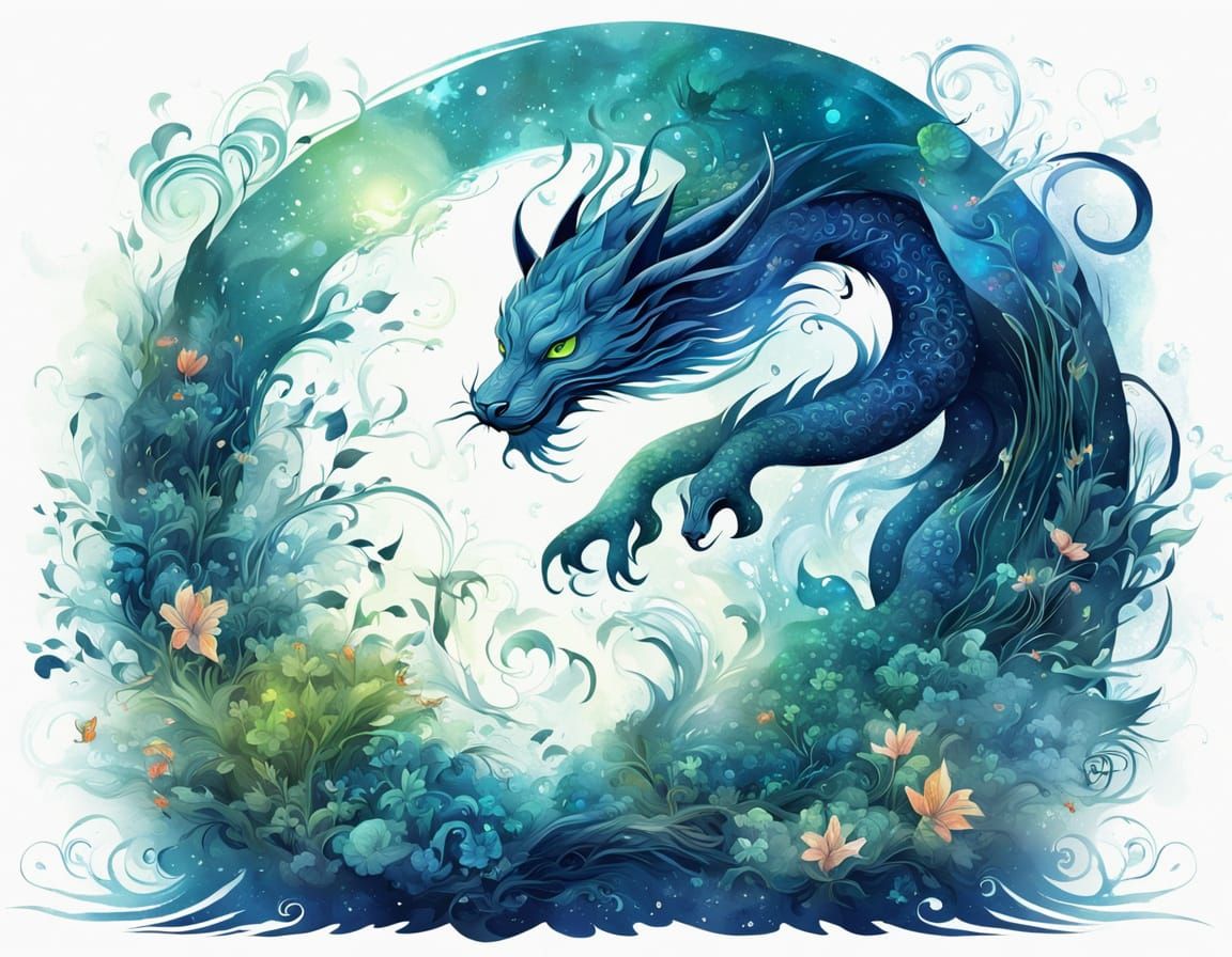Hybrid Dragon-Cat Enters Fairy World: Chinese Ink Painting