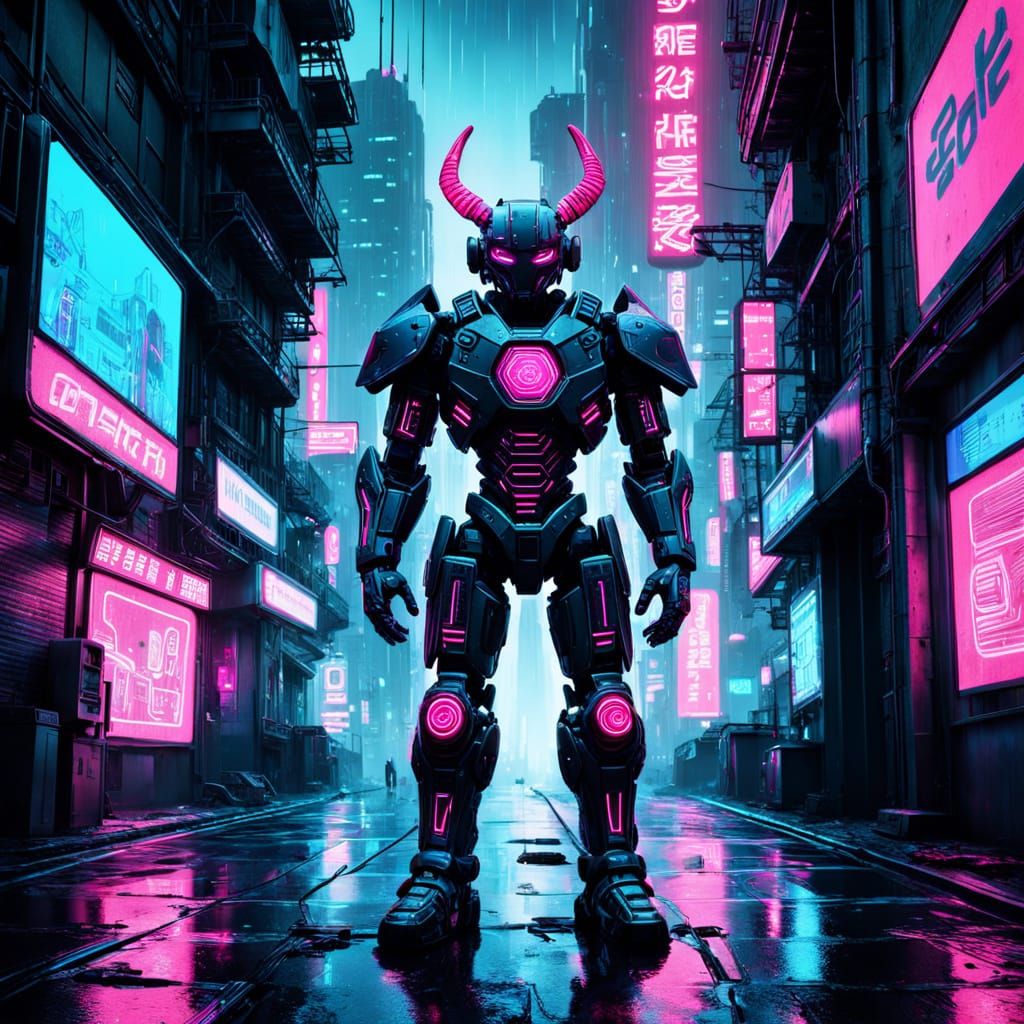 Cyberpunk Android Demon in Vibrant Neon Hues