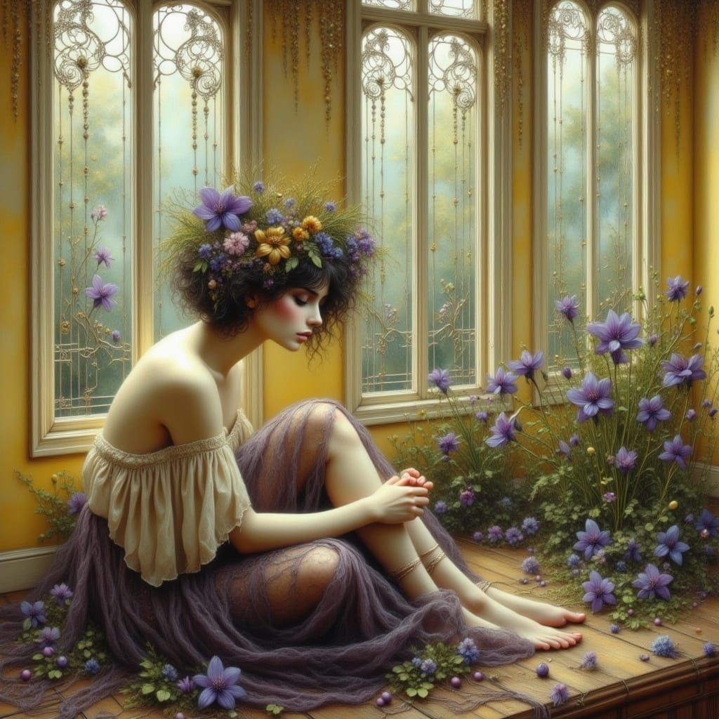Melancholic Woman in Art Nouveau Style with Lilies