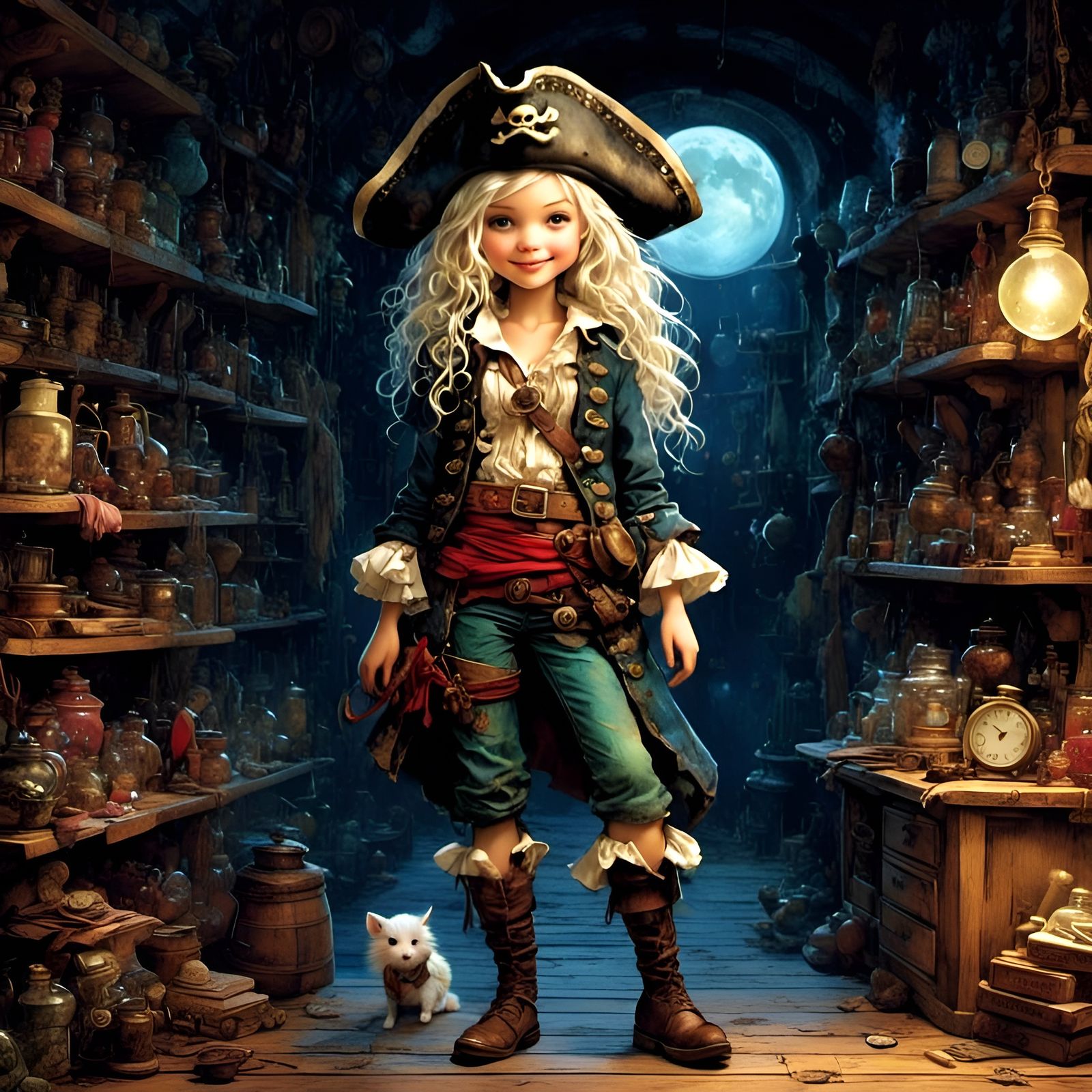 Charming Pirate Girl Cartoon Illustration in Dark Fantasy St...