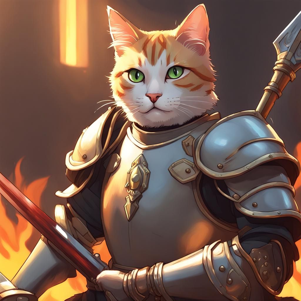 Anime Cat Paladin in Armor with Sword