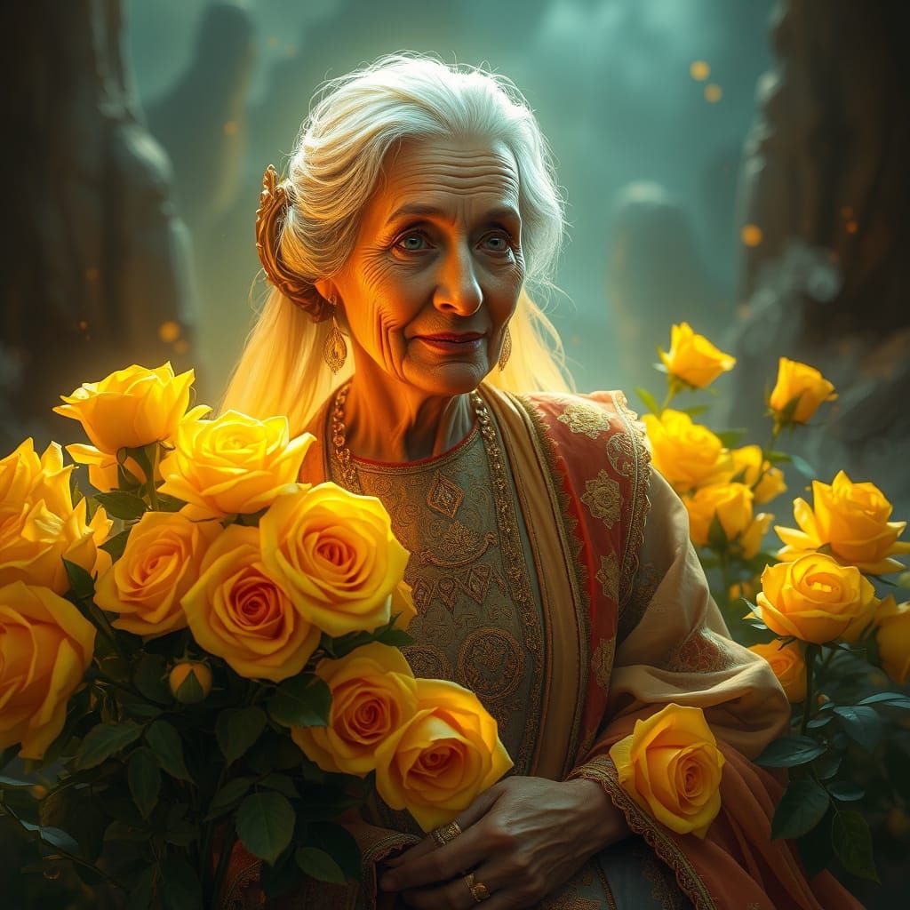 Mystical Lady in Golden Attire, Surrounded by Glowing Yellow...