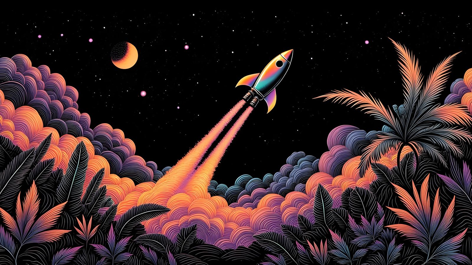 Tropical Rocket Launch in Scratch Art Style