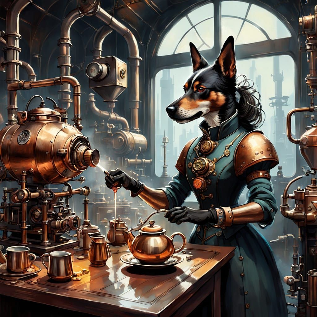 Steampunk Dog Serves Tea in Futuristic Office