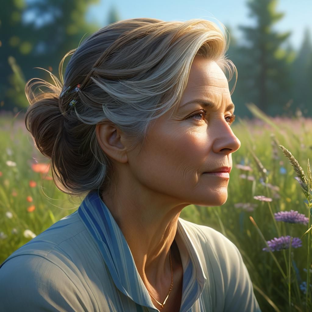 Serene Woman Watching Child, Hyperdetailed Portrait