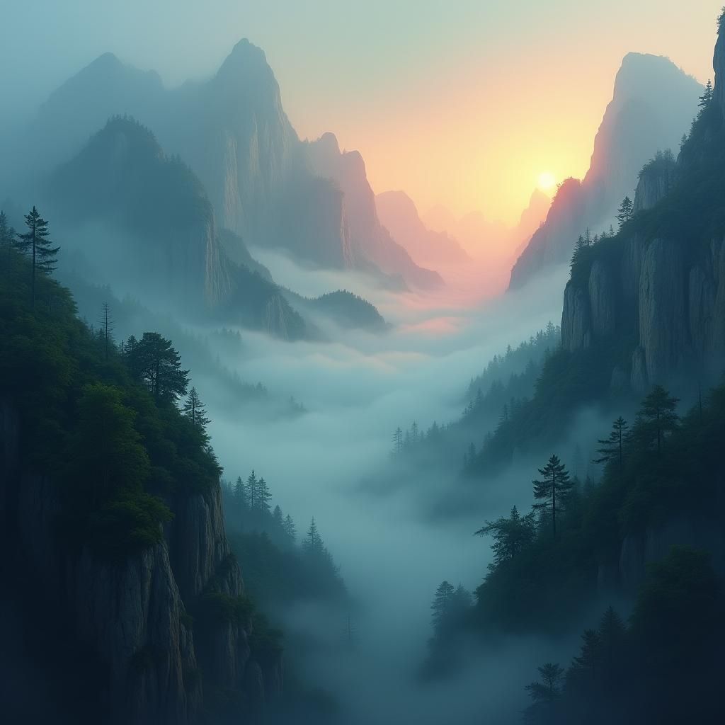 Mystical Mountain Landscape in Impressionist Style