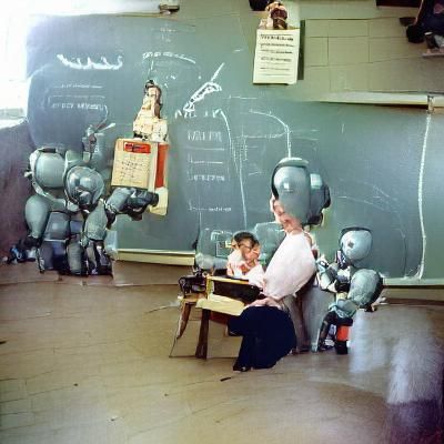 1950s Robot Teacher in Classroom Scene