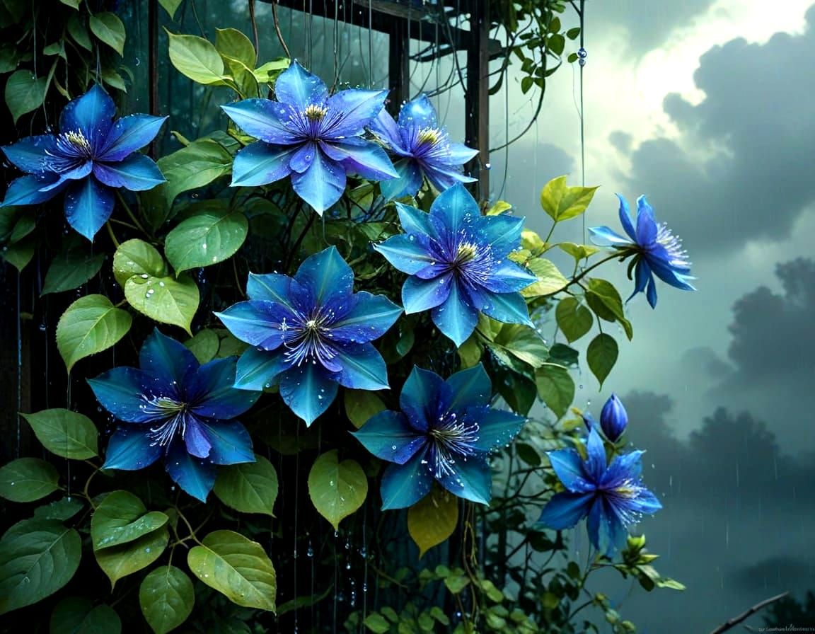 Grunge Rainy Garden Masterpiece with Clematis