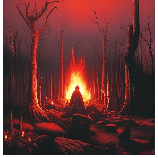 Demonic Campfire Summoning in Macabre Art Style