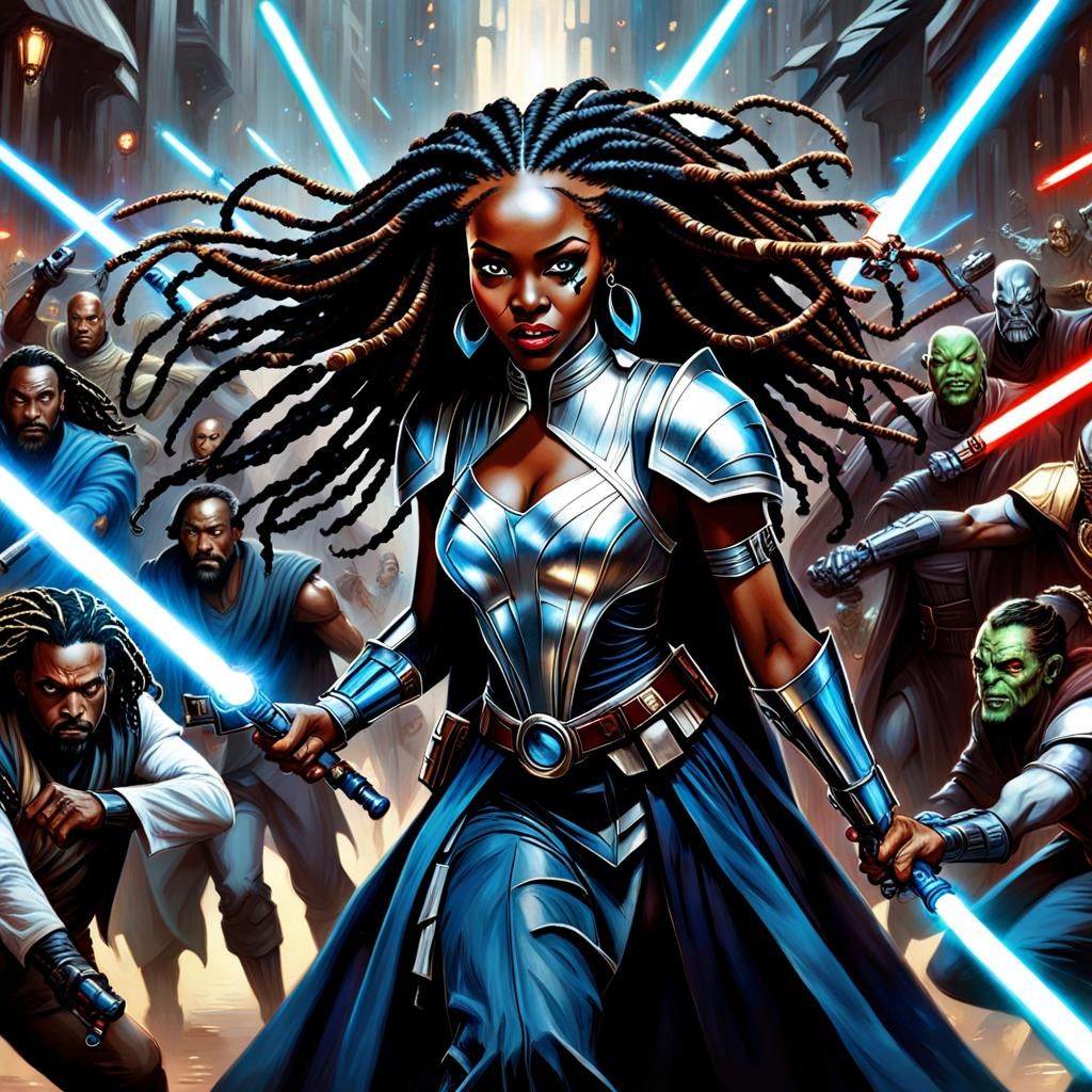 Epic Battle: Woman with Dreadlocks in Oil Painting