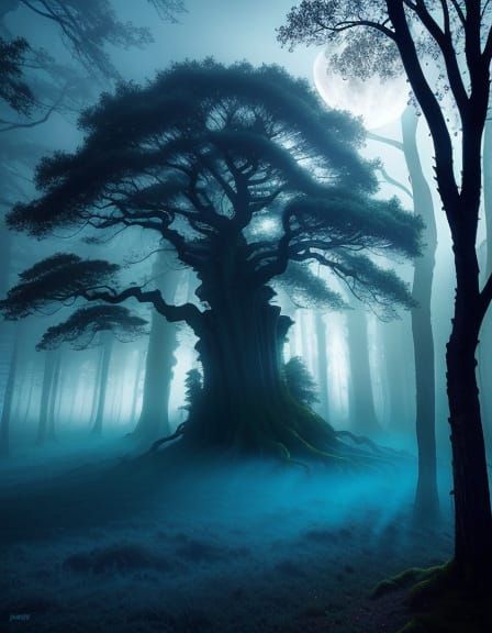 Surreal Moonlit Tree in Vibrant Oil Painting