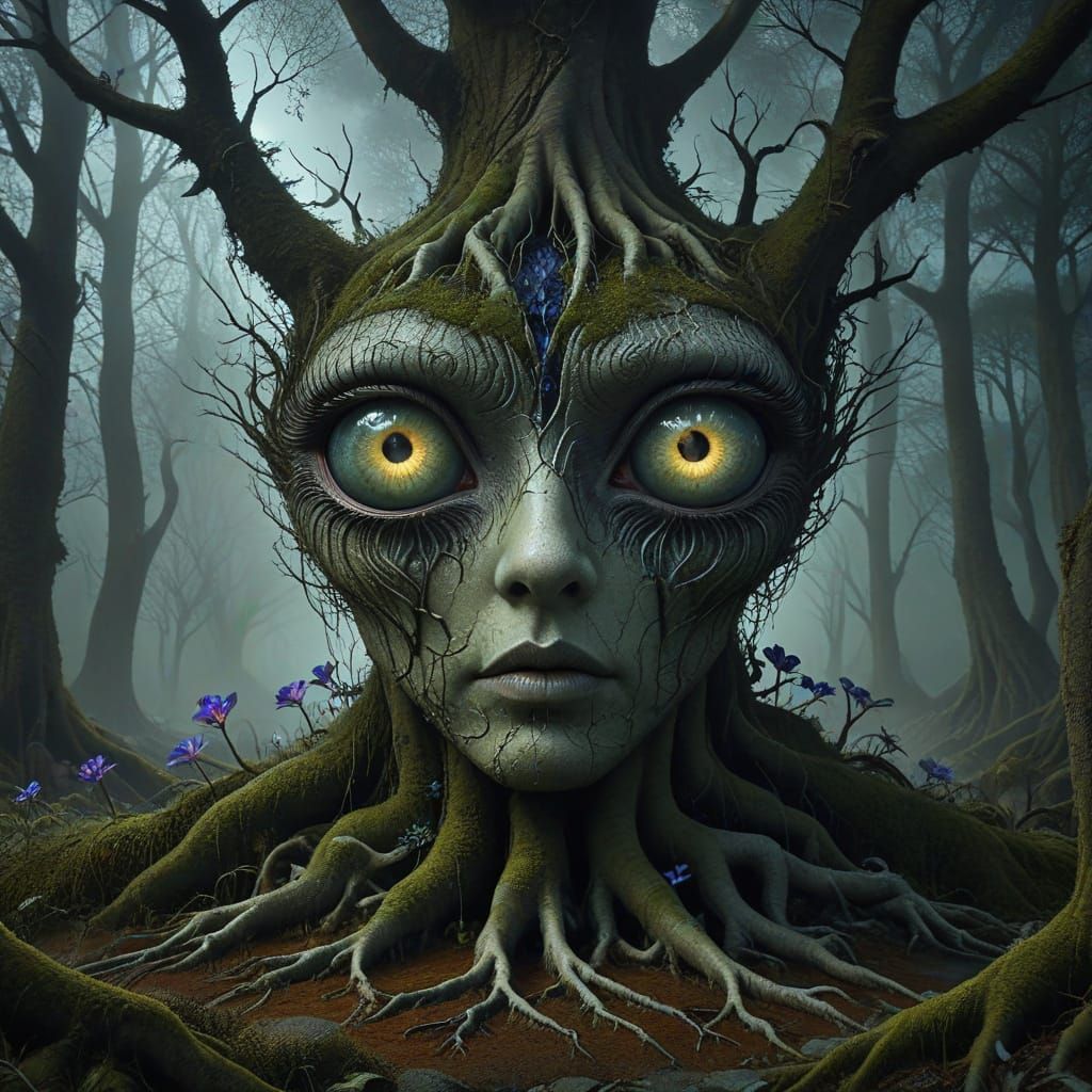 Surreal Landscape with Giant Eyes in Gothic Style