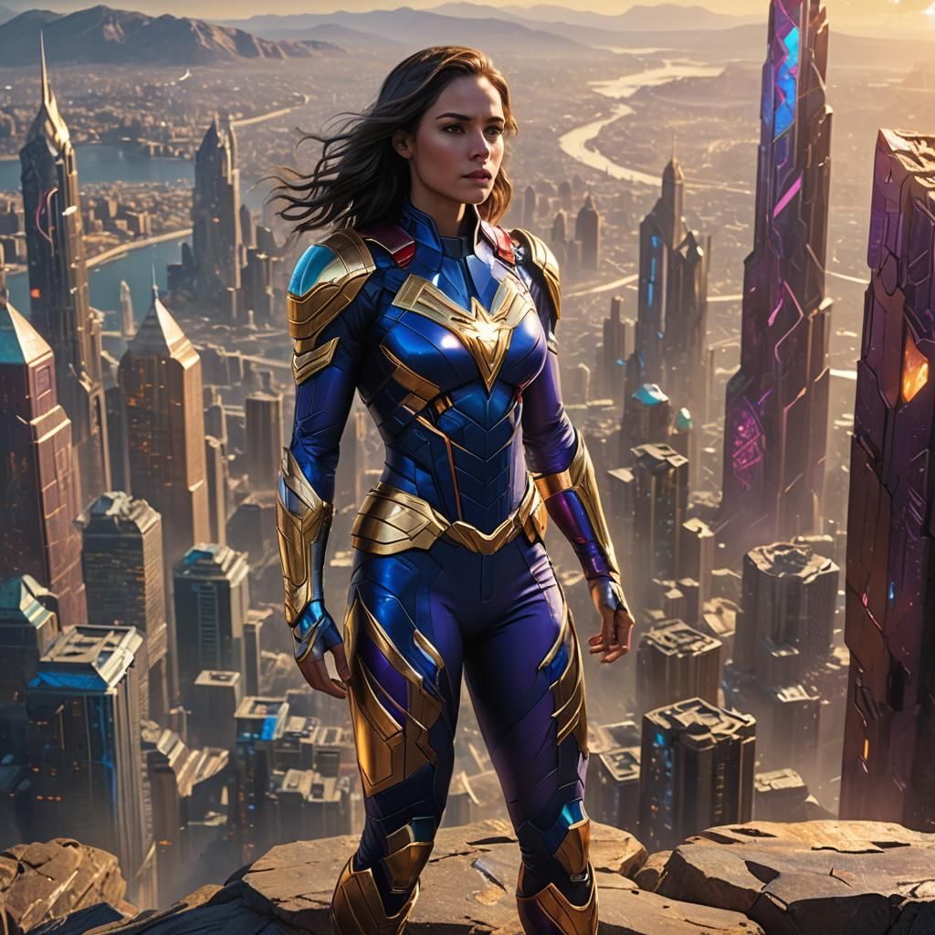 Kryptonian Superheroine in Futuristic Cityscape Concept Art