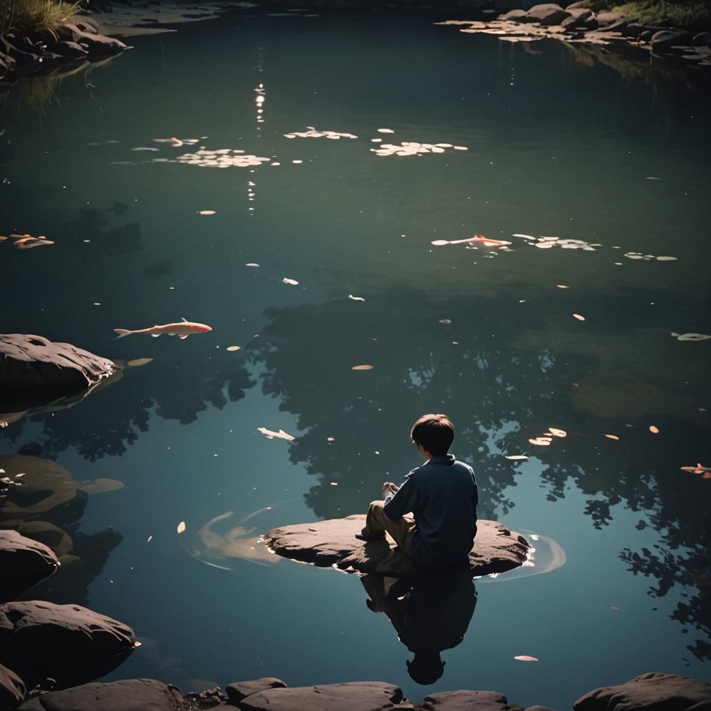 Boy Contemplates Reflection Under Moonlight: Cinematic Still