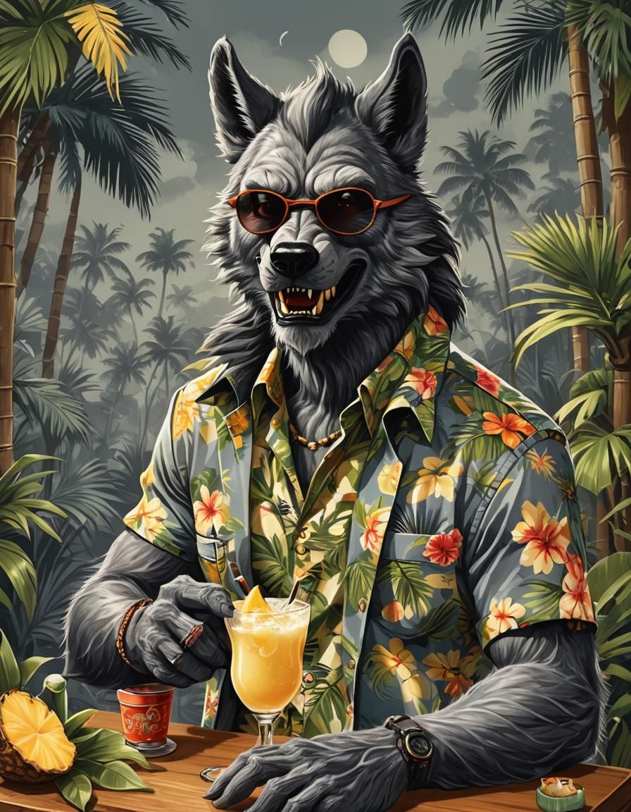 Werewolf Sipping Pina Colada in Hawaiian Shirt